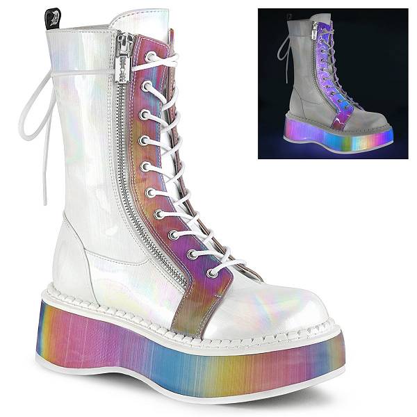 Demonia Women's Emily-350 Platform Mid Calf Boots - White Brushed Hologram Vegan Leather/Rainbow Reflective D0718-46US Clearance